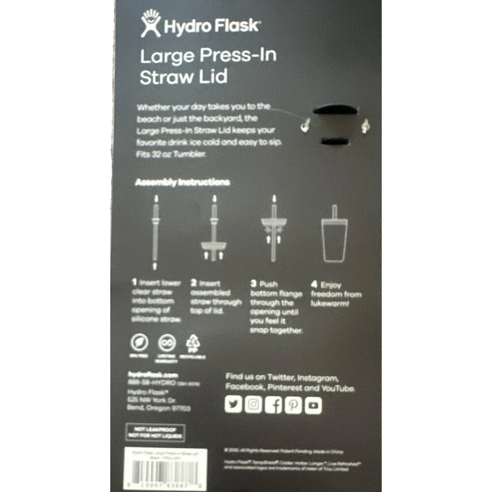 Hydro Flask Large Press-In Straw Lid w/ Straw, BPA-Free Black Fits 32 oz Tumbler